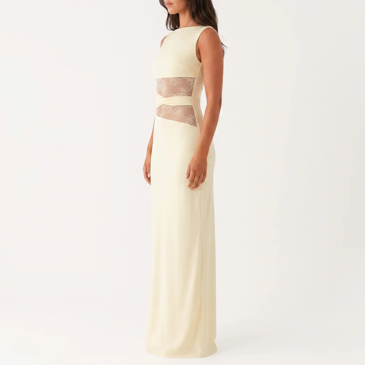 Robe Dentelle Longue Fleurie Femme robe longue ajourée élégante en dentelle, vue de profil