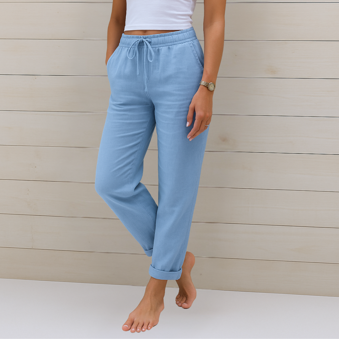 Maylora - Pantalon femme à cordon en lin coupe relax