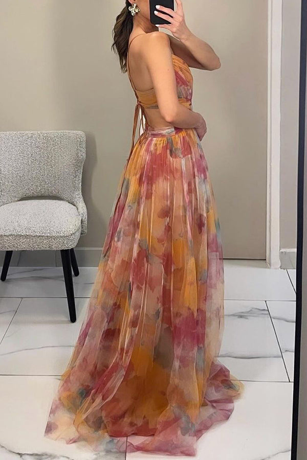 Robe Longue Femme en Mesh Floral Orange - vue 6