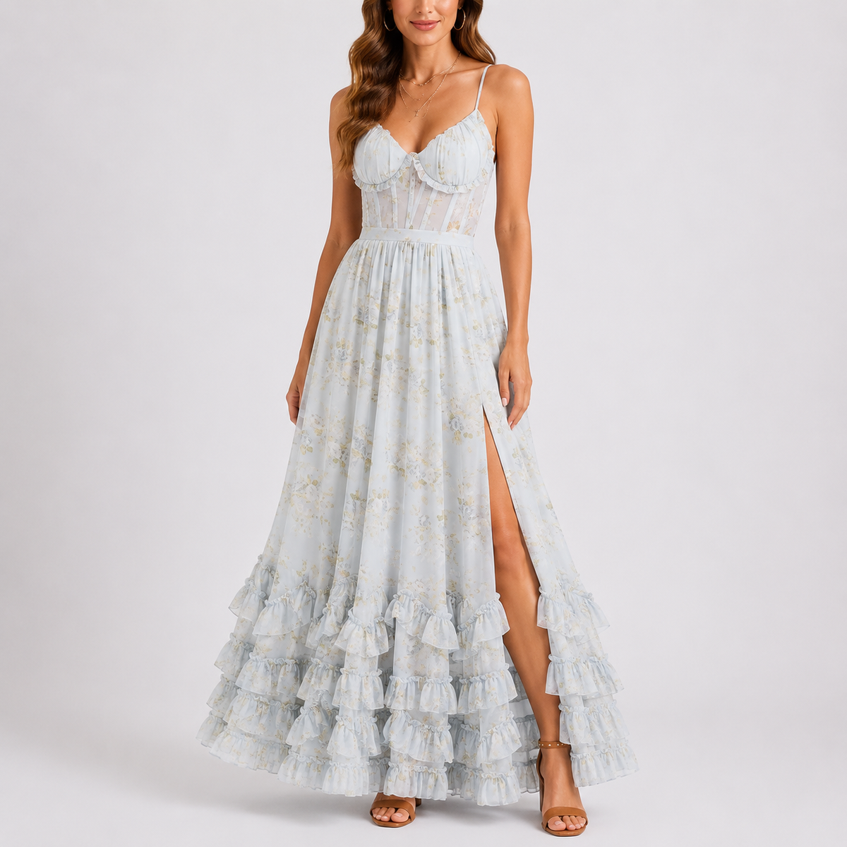 Robe Longue Fleurie Femme - Robe Corset Bustier Élégante