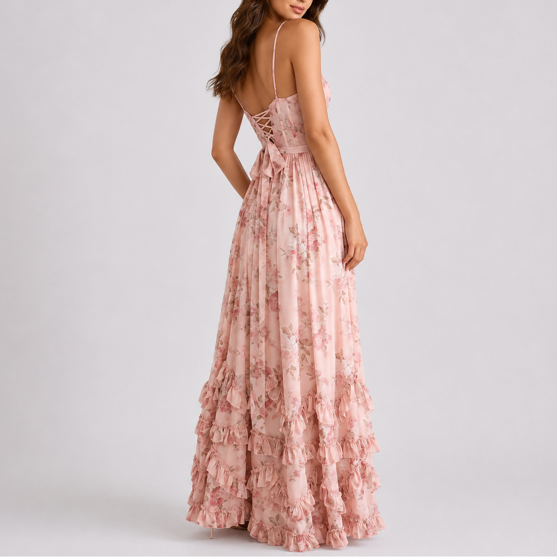 Robe Longue Fleurie Femme robe corset bustier élégante en tissu léger et fluide, détail tissu
