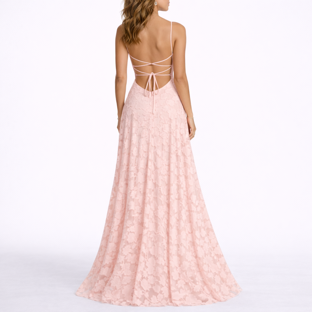 Robe Dos Nu Longue Fleurie Femme robe longue texturée en tissu léger et fluide, détail tissu