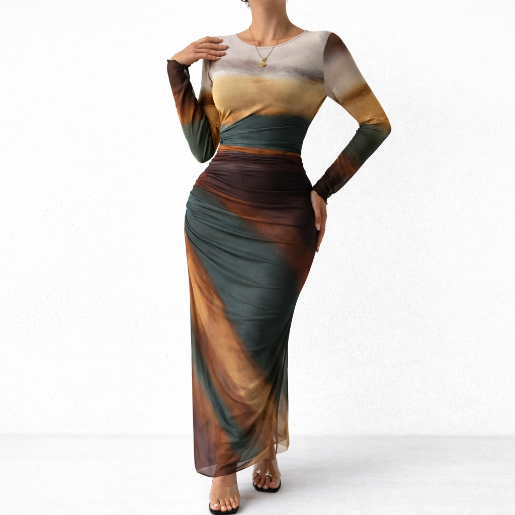 Robe Longue Fluide Femme robe longue dégradé coucher de soleil en tissu léger et fluide, portée
