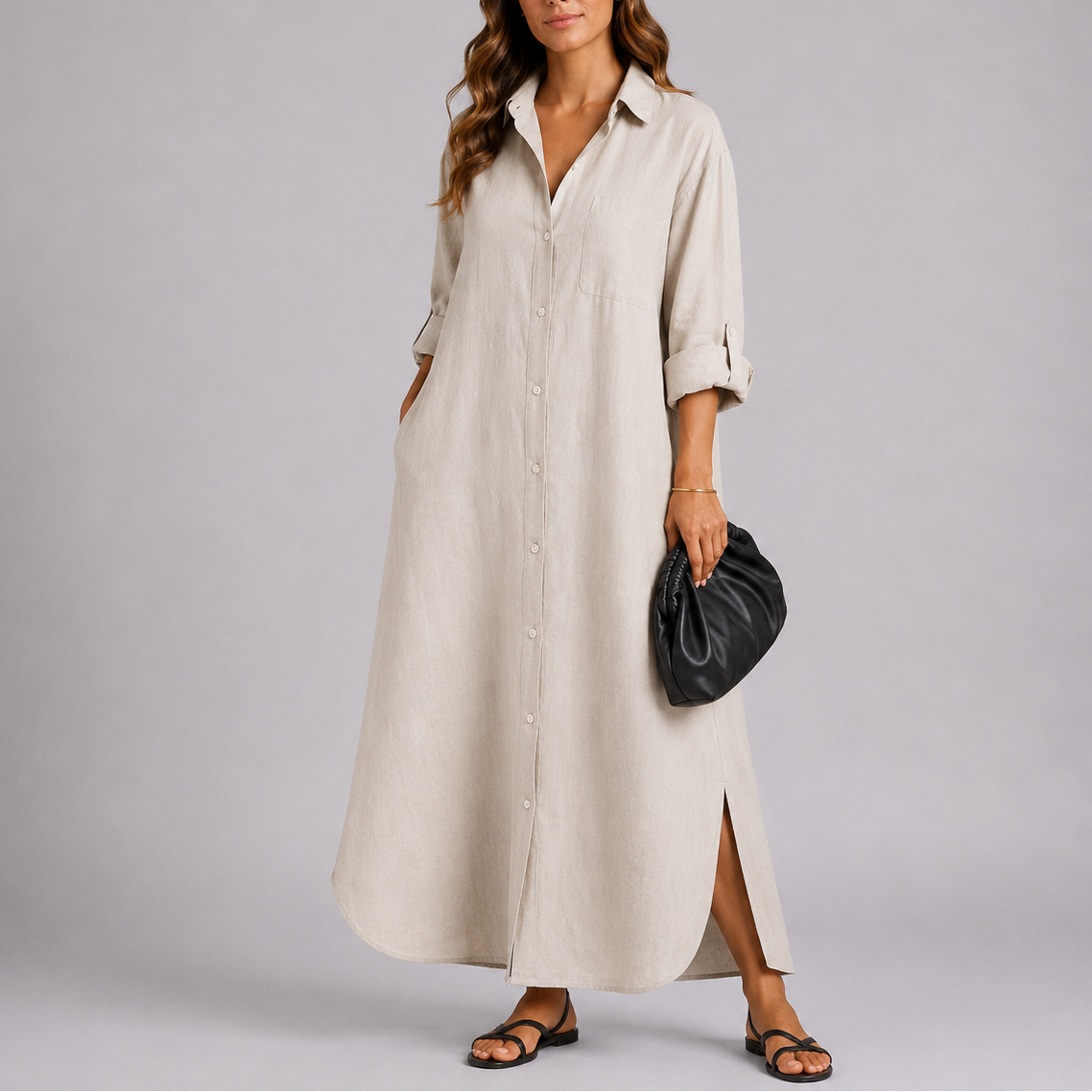 Robe Chemise Longue en Lin Femme robe longue fluide légère en lin, vue de profil