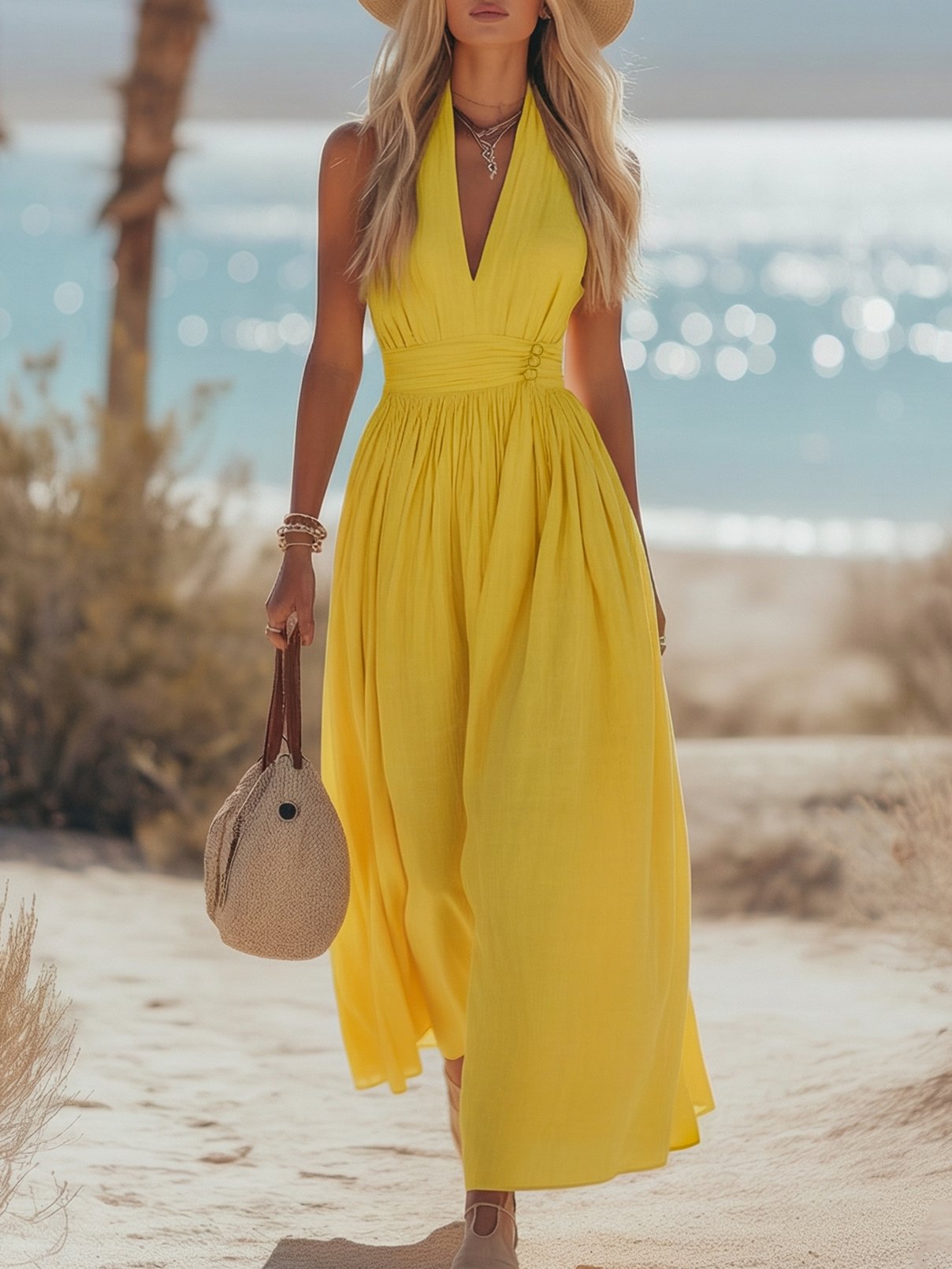 Phoebe | Robe maxi bohème en coton-lin à col halter pour femme