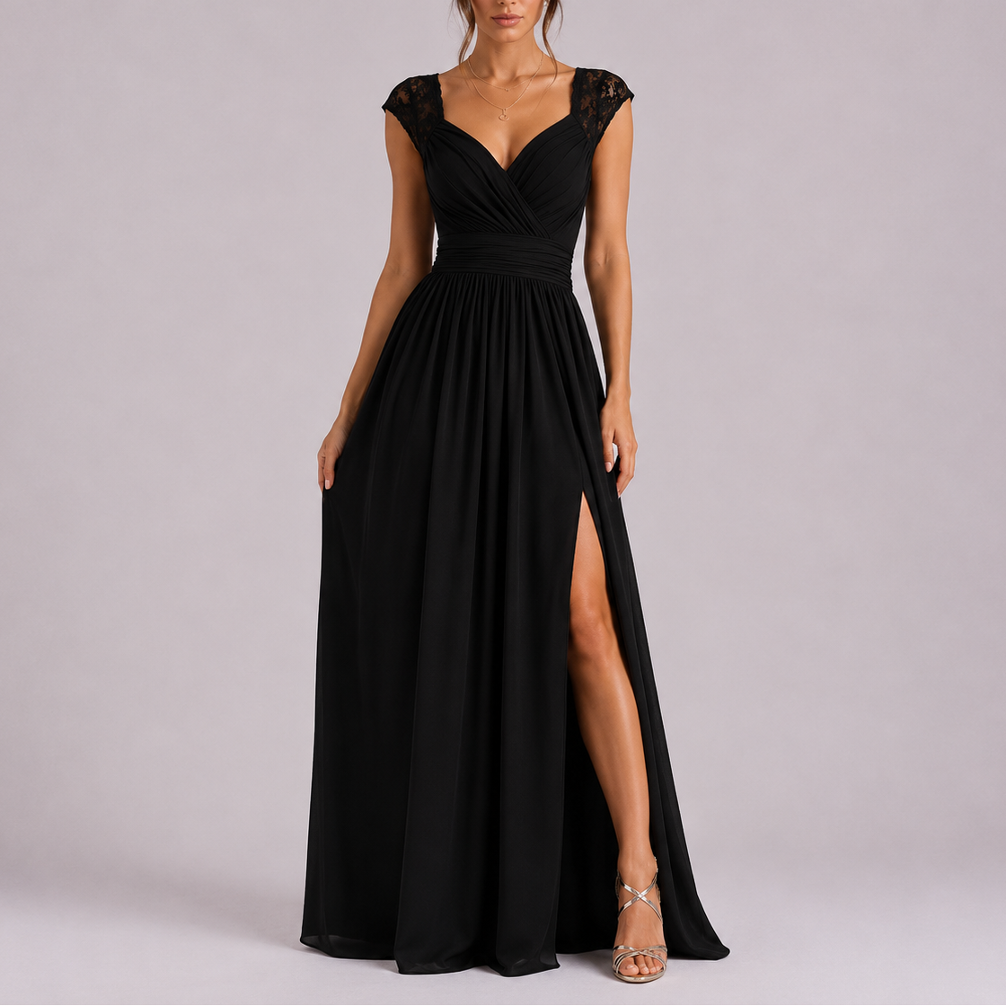 Robe Dentelle Longue Femme robe fendue épaules en dentelle en dentelle, détail décolleté