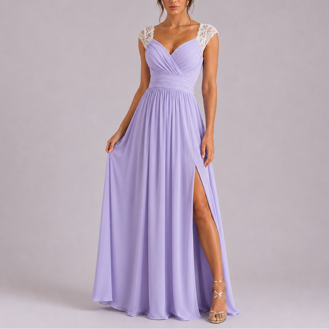 Robe Dentelle Longue Femme robe fendue épaules en dentelle en dentelle, vue de profil