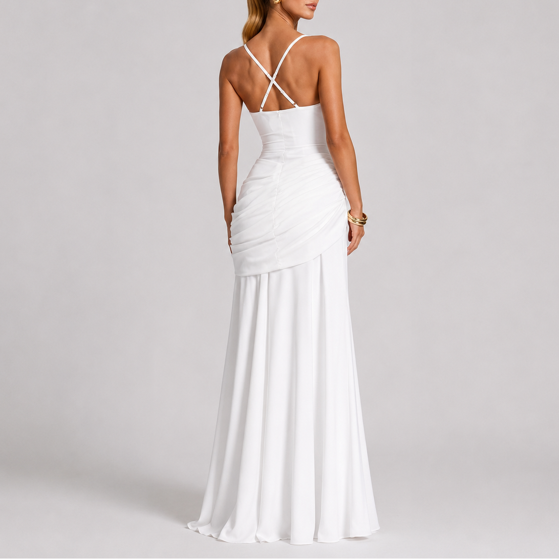 Robe de Soirée Longue Femme robe drapée élégante en tissu léger et fluide, détail décolleté