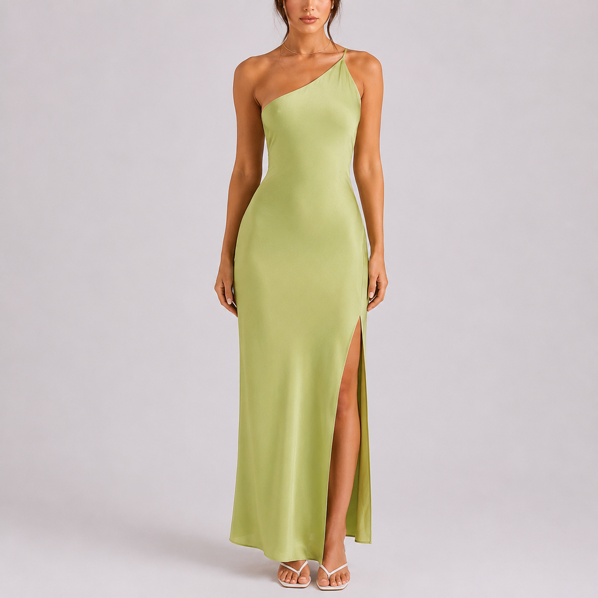 Robe Satin Longue Femme robe une épaule asymétrique de soirée en satin, portée
