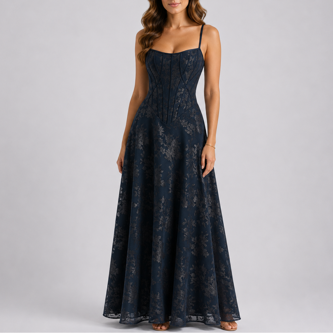 Robe Corset Longue Brodée Femme robe longue fleurie bustier en tissu léger et fluide, détail tissu