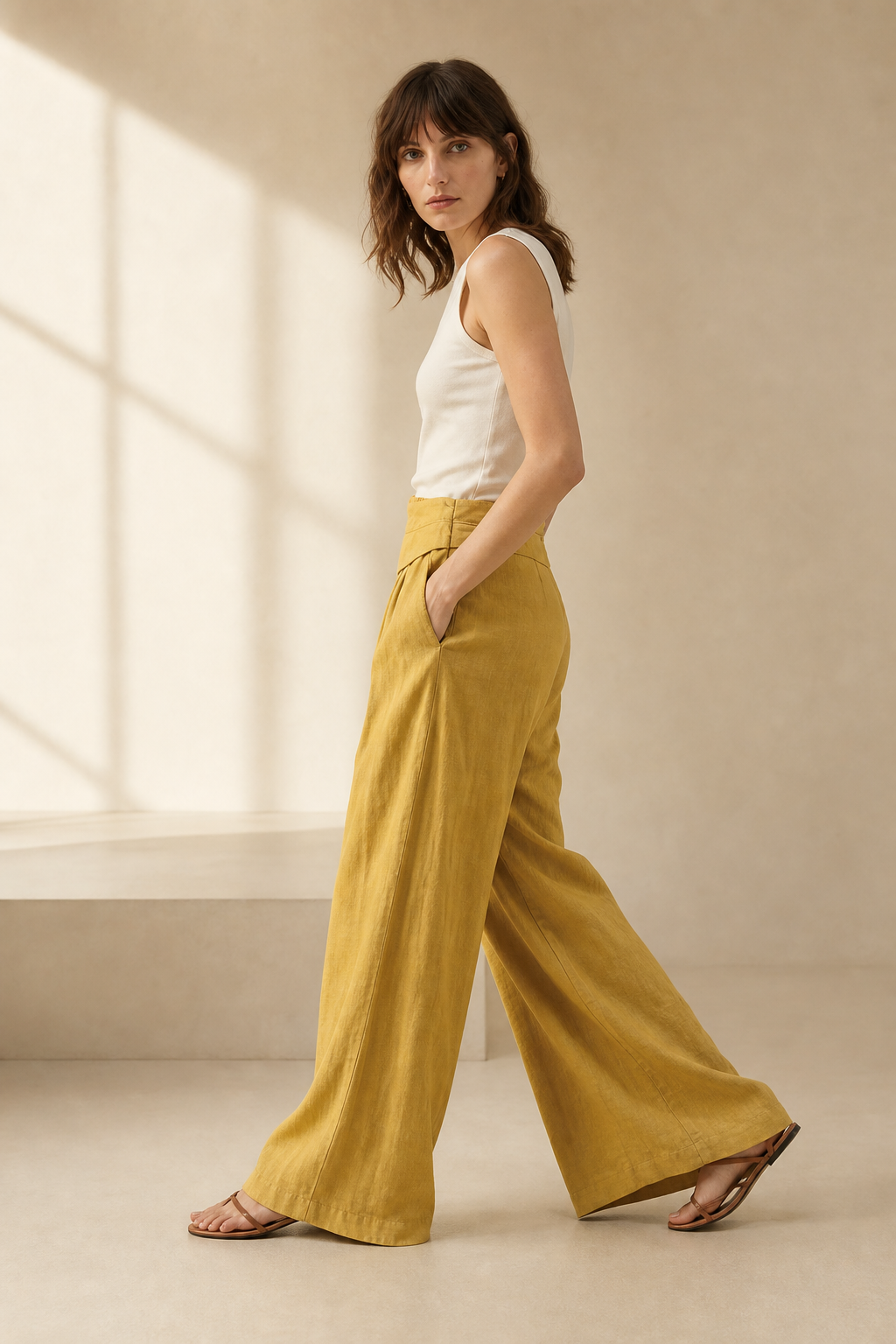 Pantalon Large Femme Taille Haute Beige - vue 3