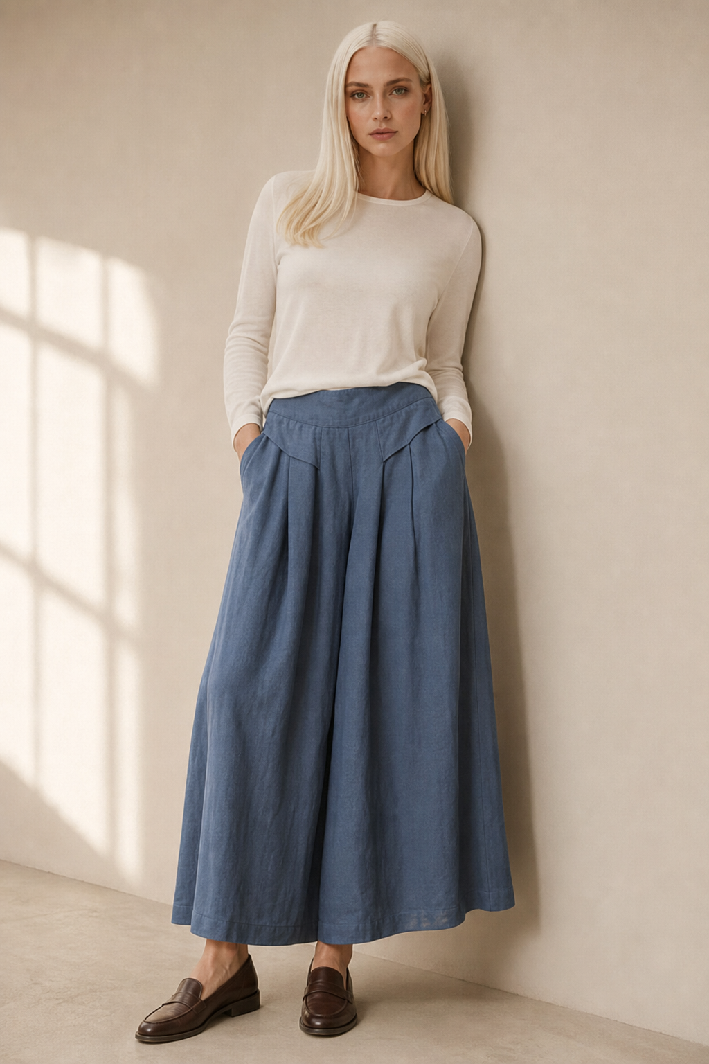 Pantalon Large Femme Taille Haute Bleu Marine - vue 10