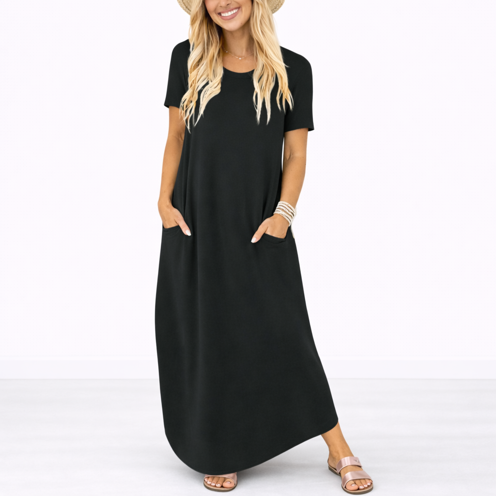 Robe Longue Été Femme robe longue col rond légère décontractée en tissu léger et fluide, vue de profil