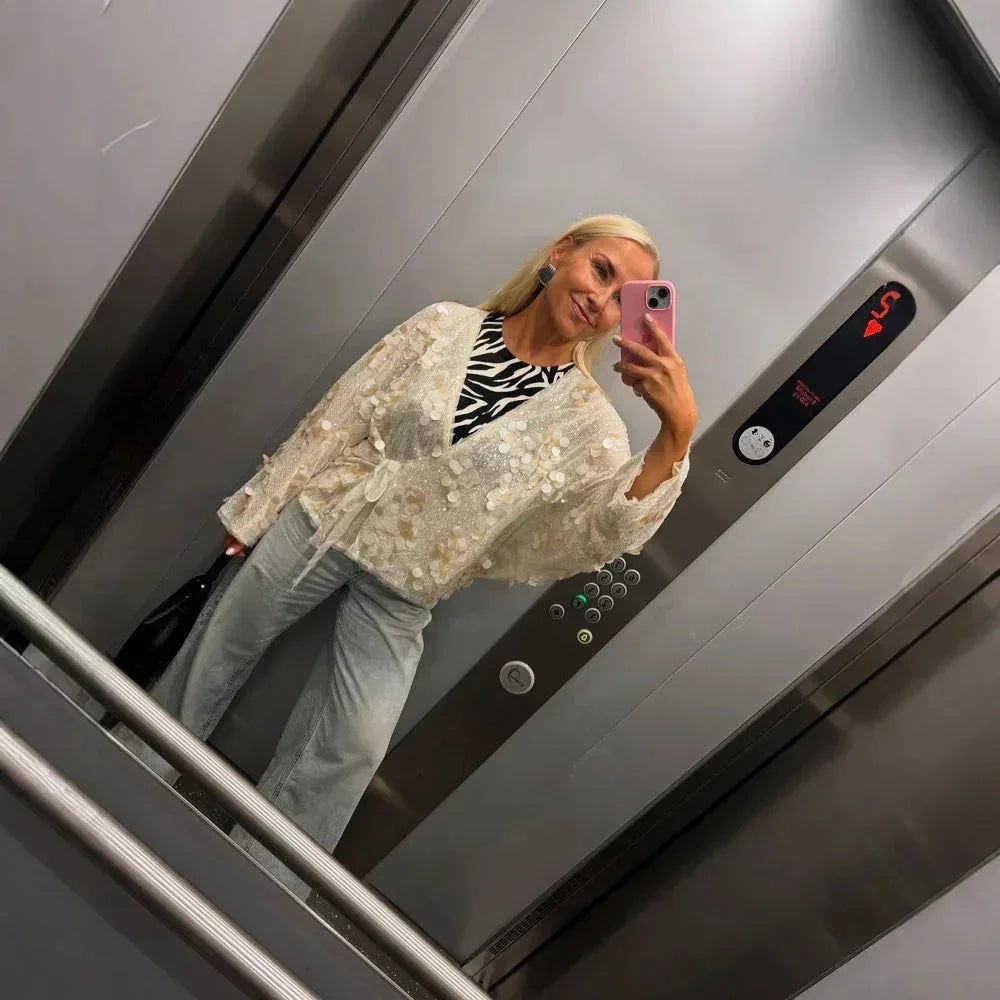 Maya - Top femme col V à paillettes