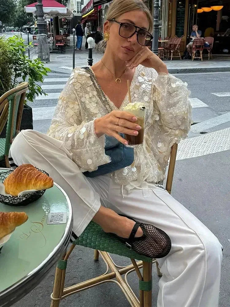 Maya - Top femme col V à paillettes