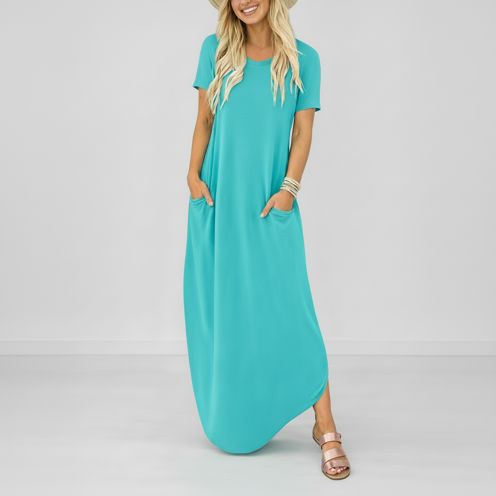 Robe Longue Été Femme robe longue col rond légère décontractée en tissu léger et fluide, détail décolleté