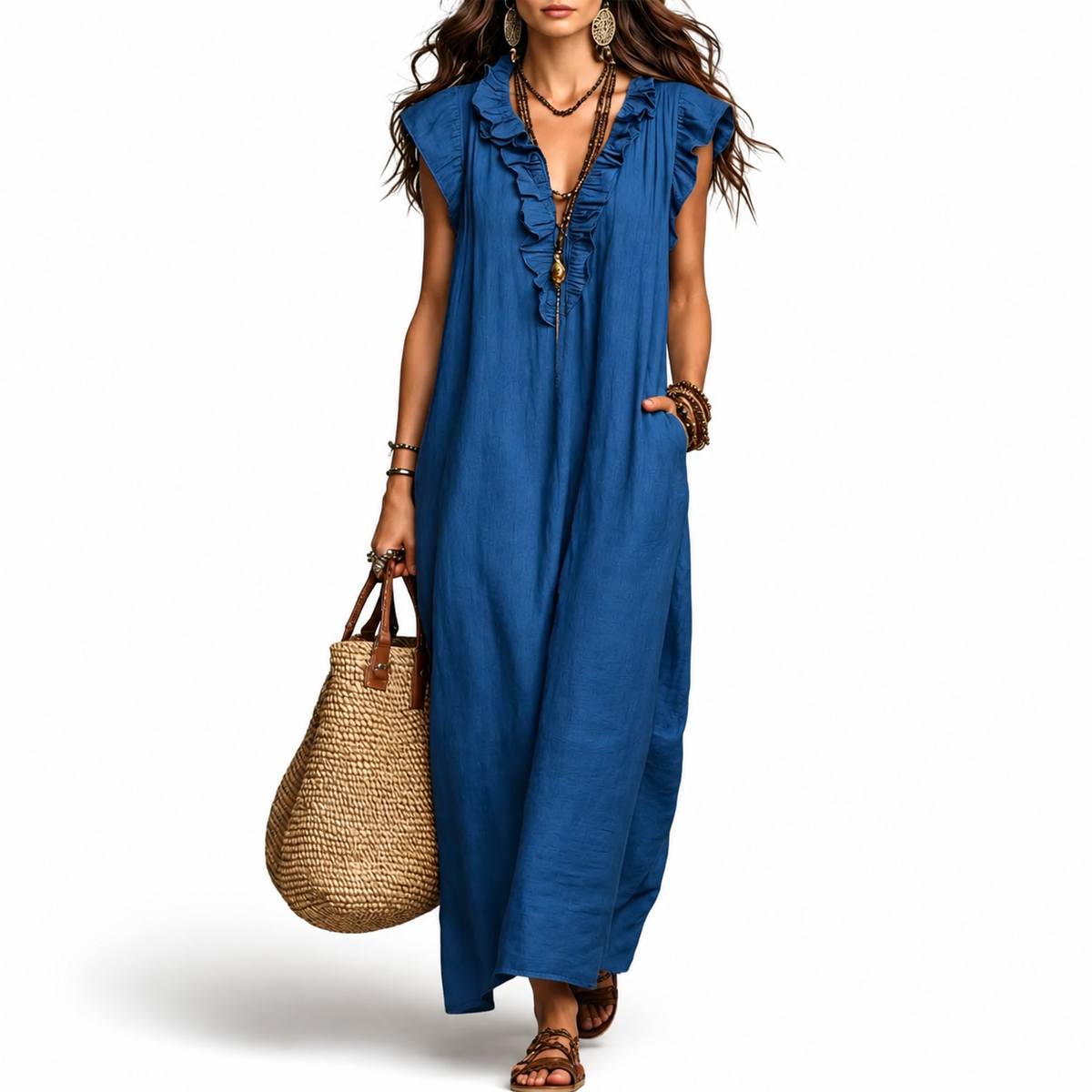 Robe Longue Été Femme robe longue ample col v à volants avec poches en lin, portée