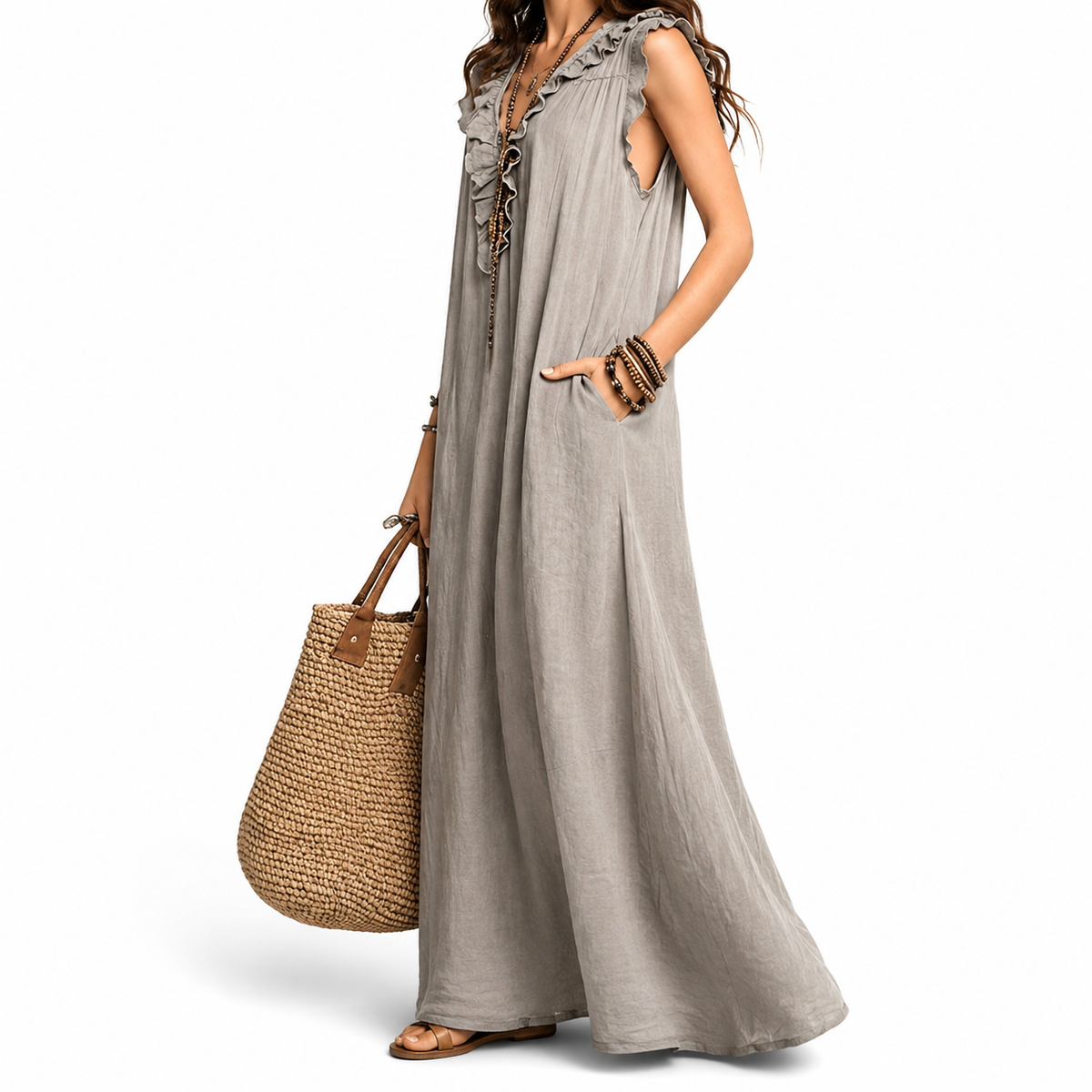 Robe Longue Été Femme robe longue ample col v à volants avec poches en lin, vue complète