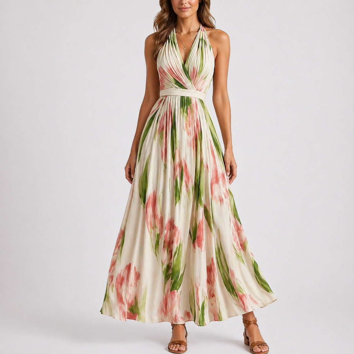 Robe Col Halter Longue Fleurie Femme - Robe Longue Imprimé Aquarelle