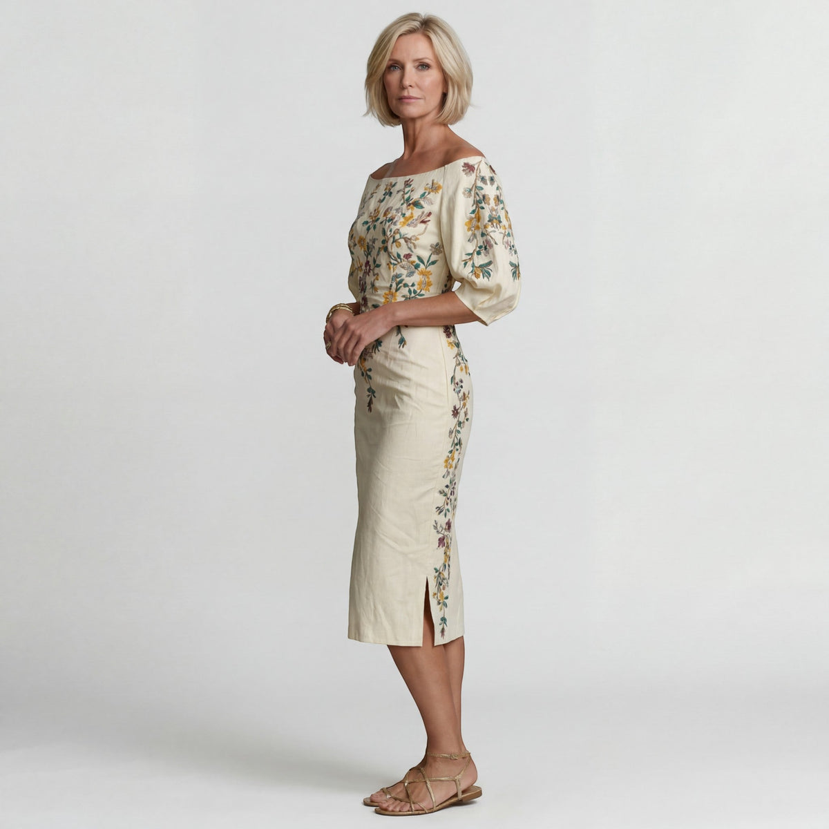 Robe Midi Femme Épaules Dénudées Beige - vue 3