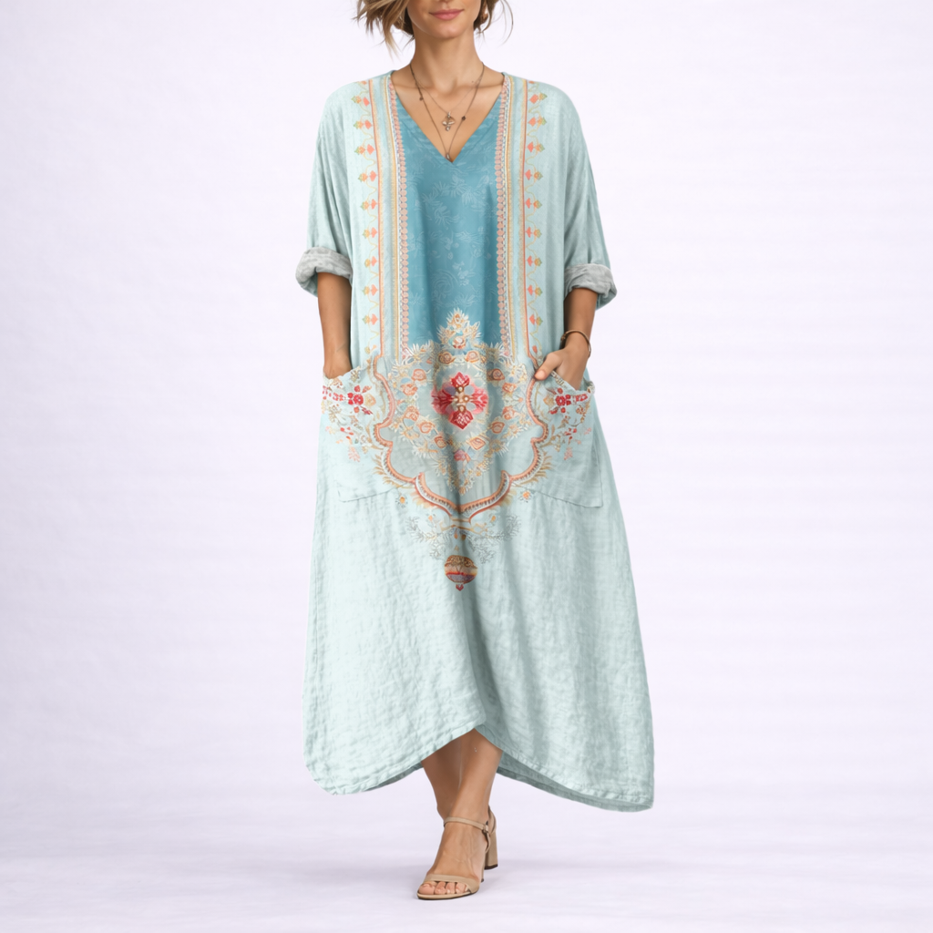 Robe Longue Bohème Femme robe caftan fluide en tissu léger et fluide, détail imprimé
