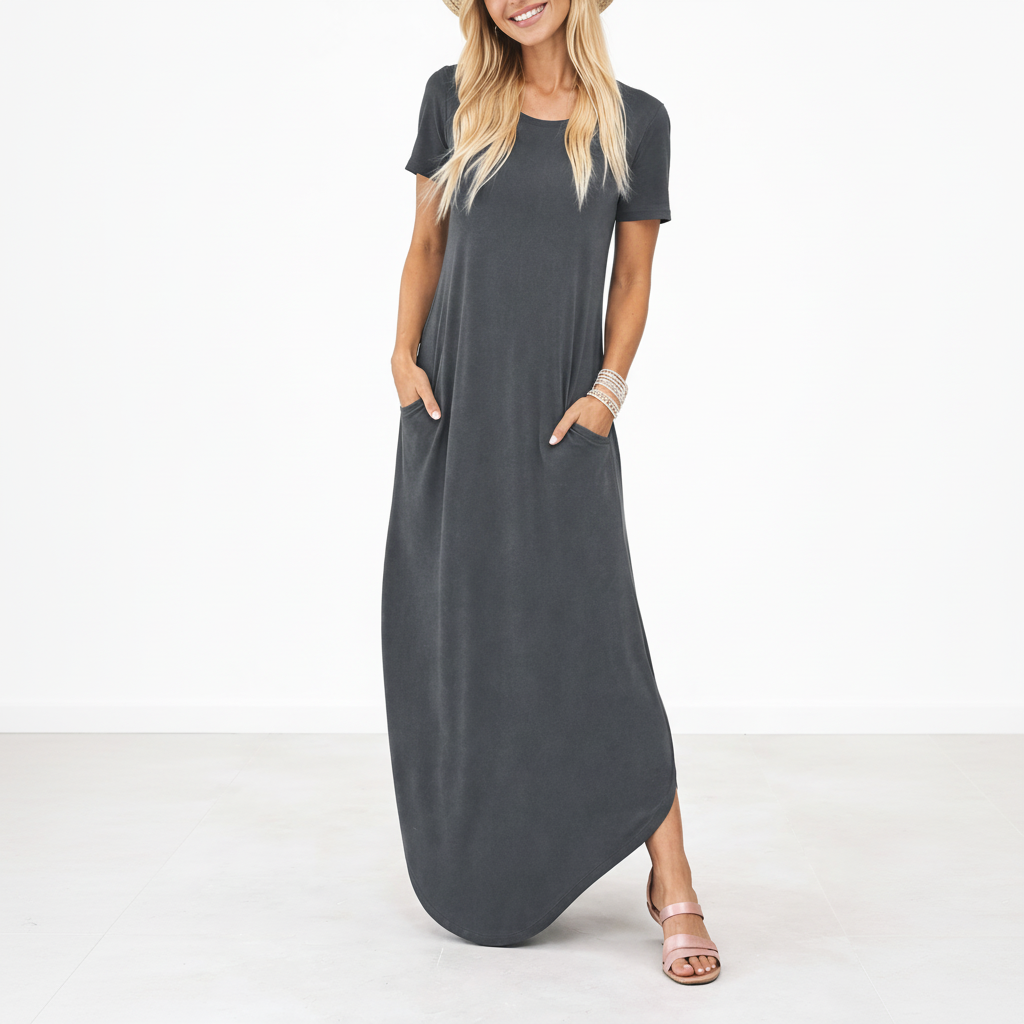 Robe Longue Été Femme robe longue col rond légère décontractée en tissu léger et fluide, détail tissu