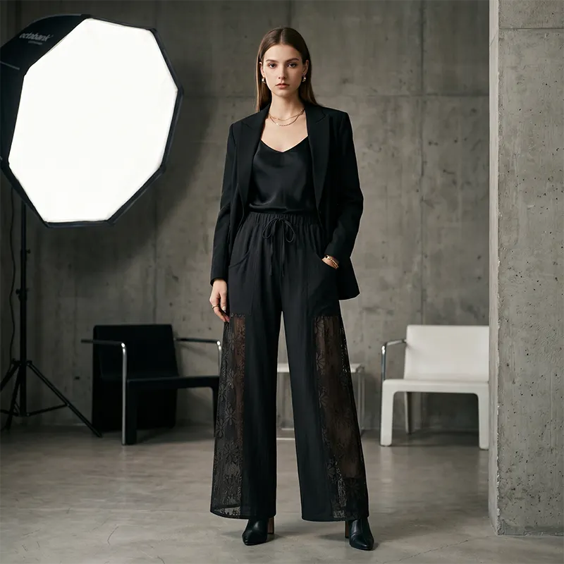 Pantalon Large Femme à Empiècements Dentelle Blanc - vue 4