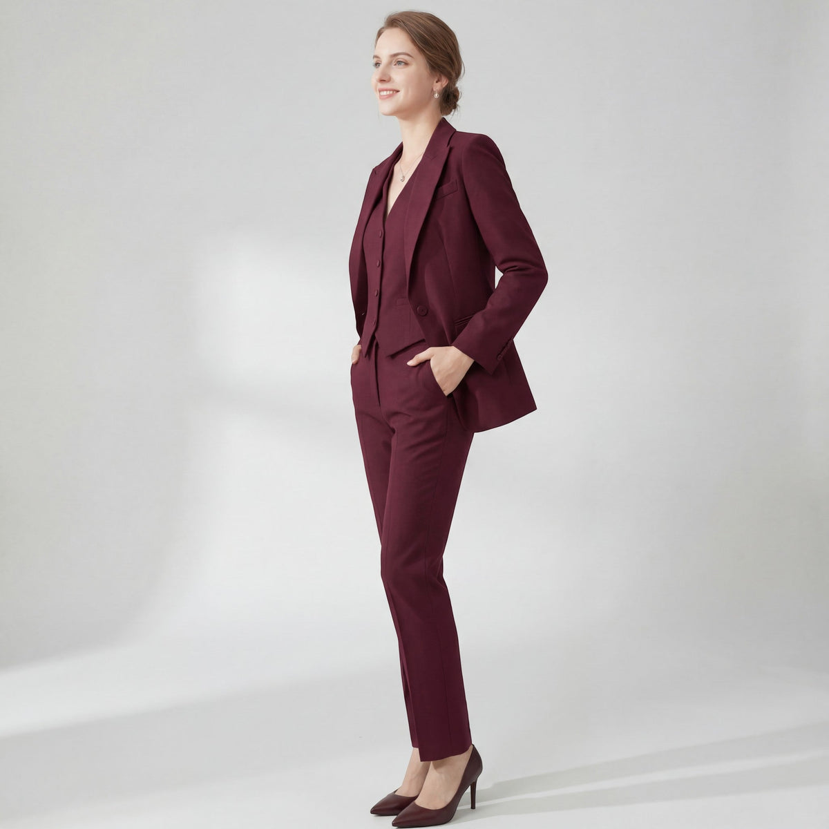 Tailleur Femme en Laine Trois Pièces Rouge Bordeaux - vue 4