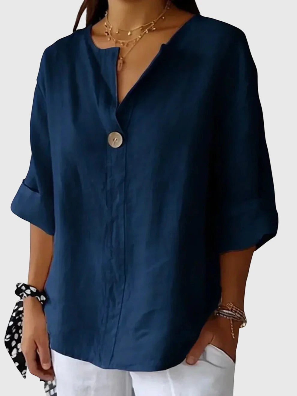 Blouse Femme en Lin Col V Beige - vue 6
