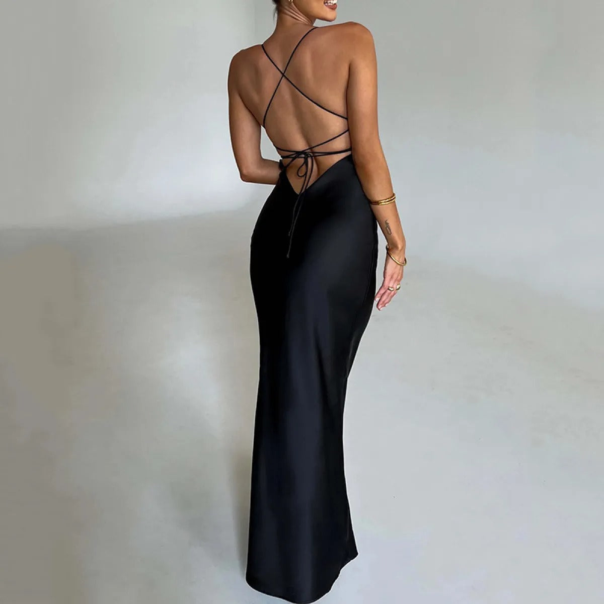 Robe Satin Longue Femme Noir - vue 6