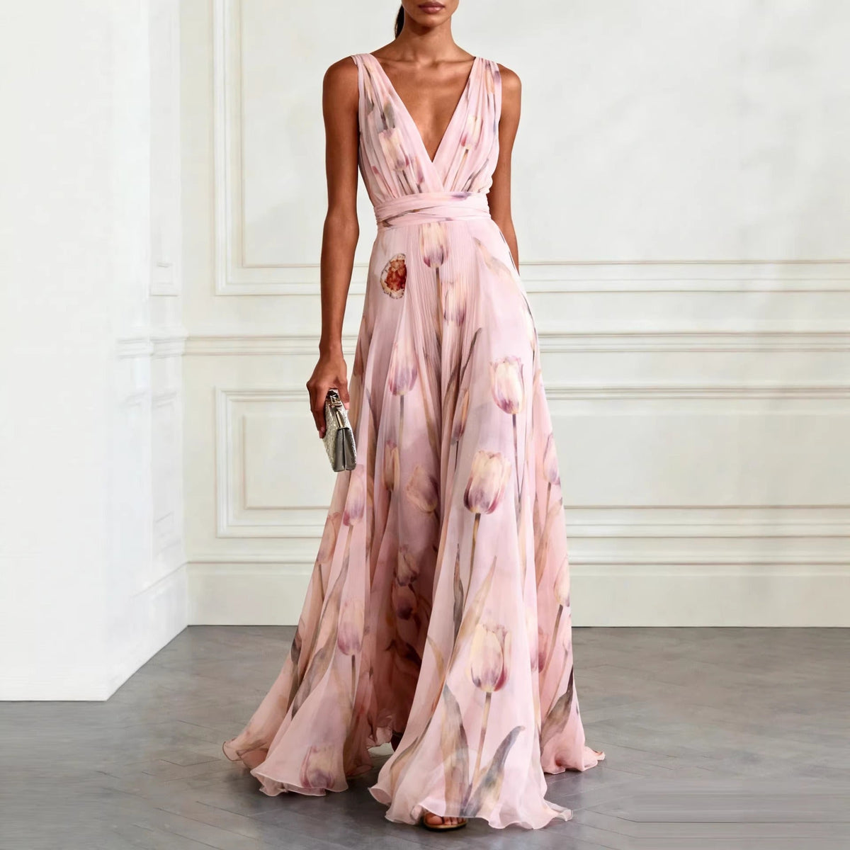 Robe Longue Femme en Mousseline Bleu Ciel - vue 3