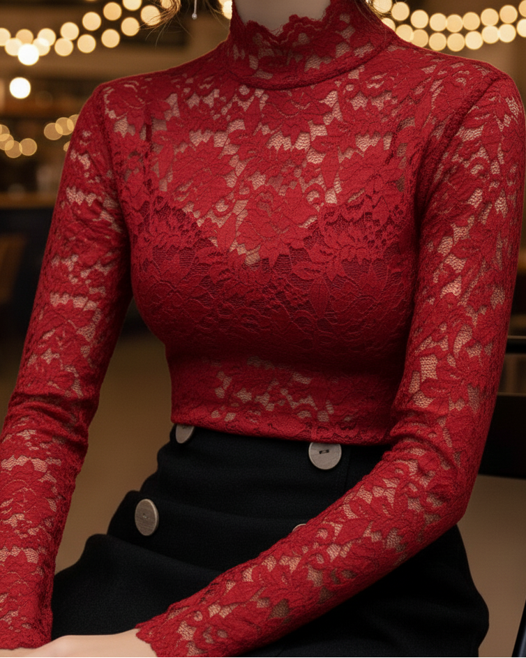 Blouse Femme en Dentelle Col Montant Blanc - vue 3