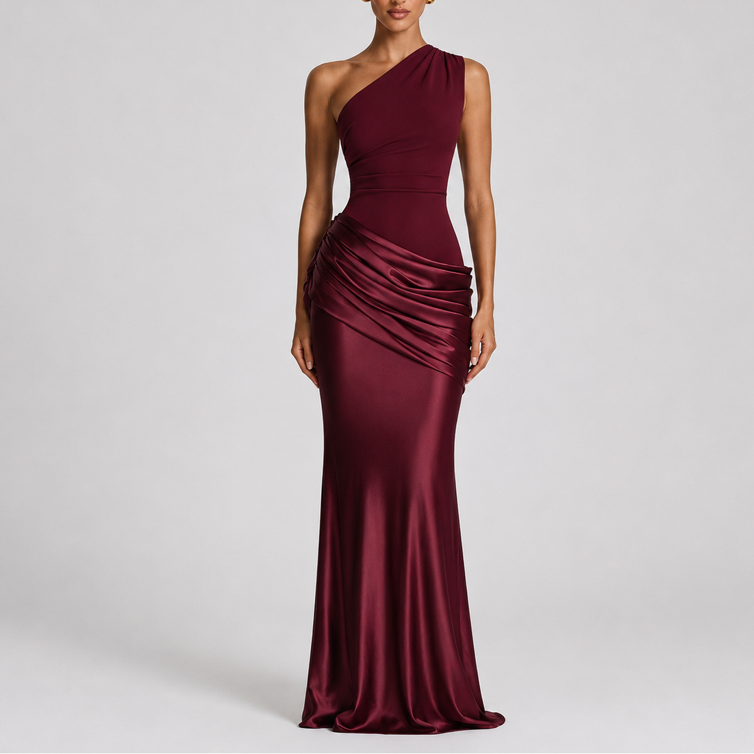 Robe Asymétrique Longue Femme robe une épaule élégante en satin, vue de profil