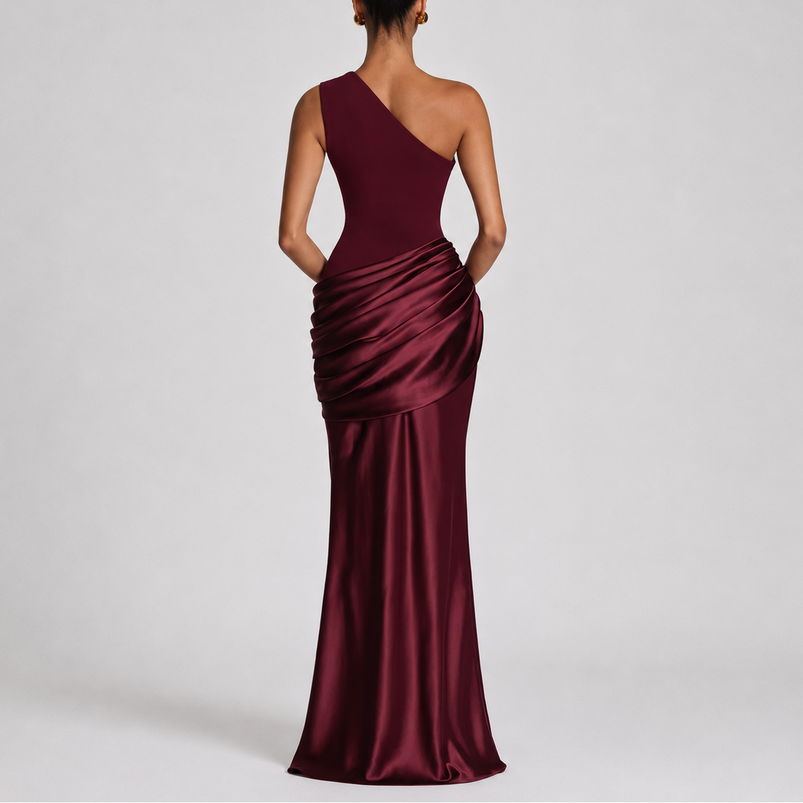 Robe Asymétrique Longue Femme robe une épaule élégante en satin, détail tissu