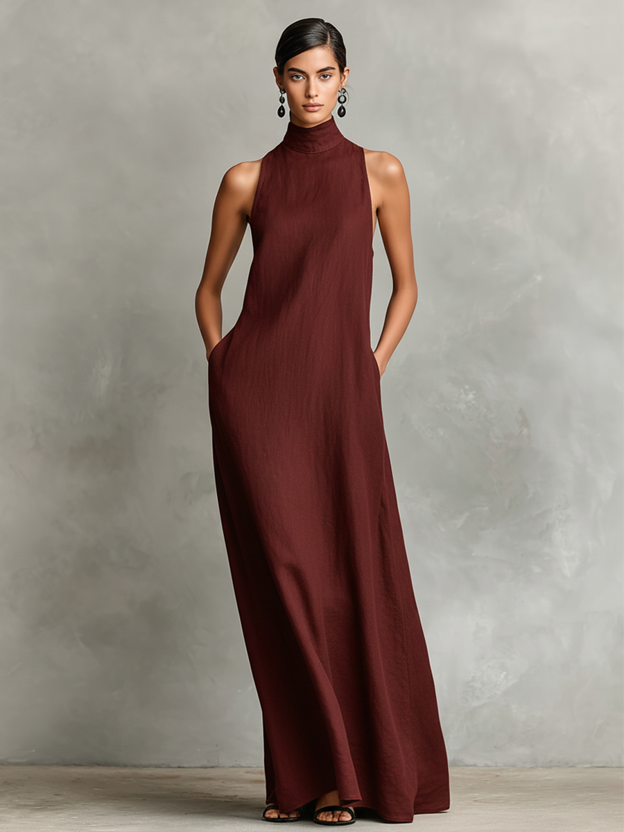 Robe Longue Femme Col Montant Bleu - vue 5