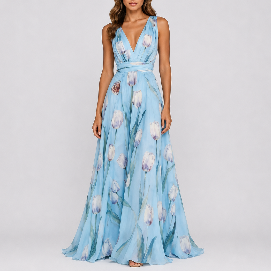 Robe de Soirée Longue Fleurie Femme robe longue élégante en tissu léger et fluide, portée