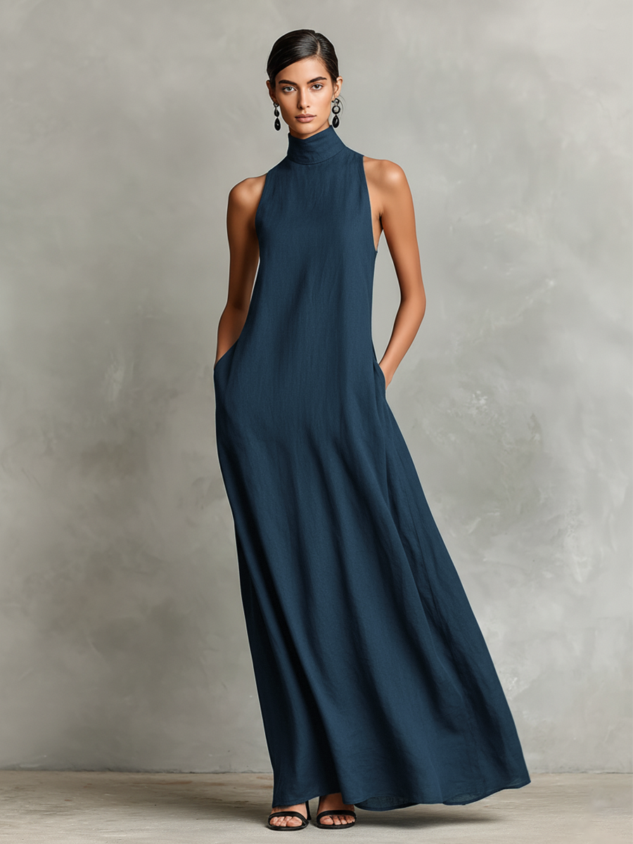 Robe Longue Femme Col Montant Bleu - vue 6