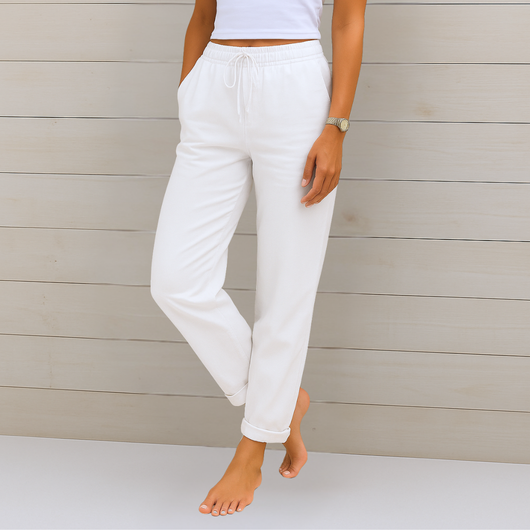 Maylora - Pantalon femme à cordon en lin coupe relax