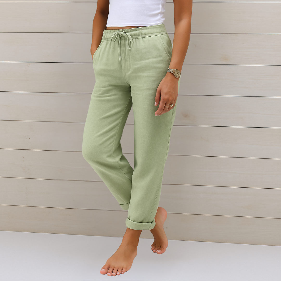 Maylora - Pantalon femme à cordon en lin coupe relax