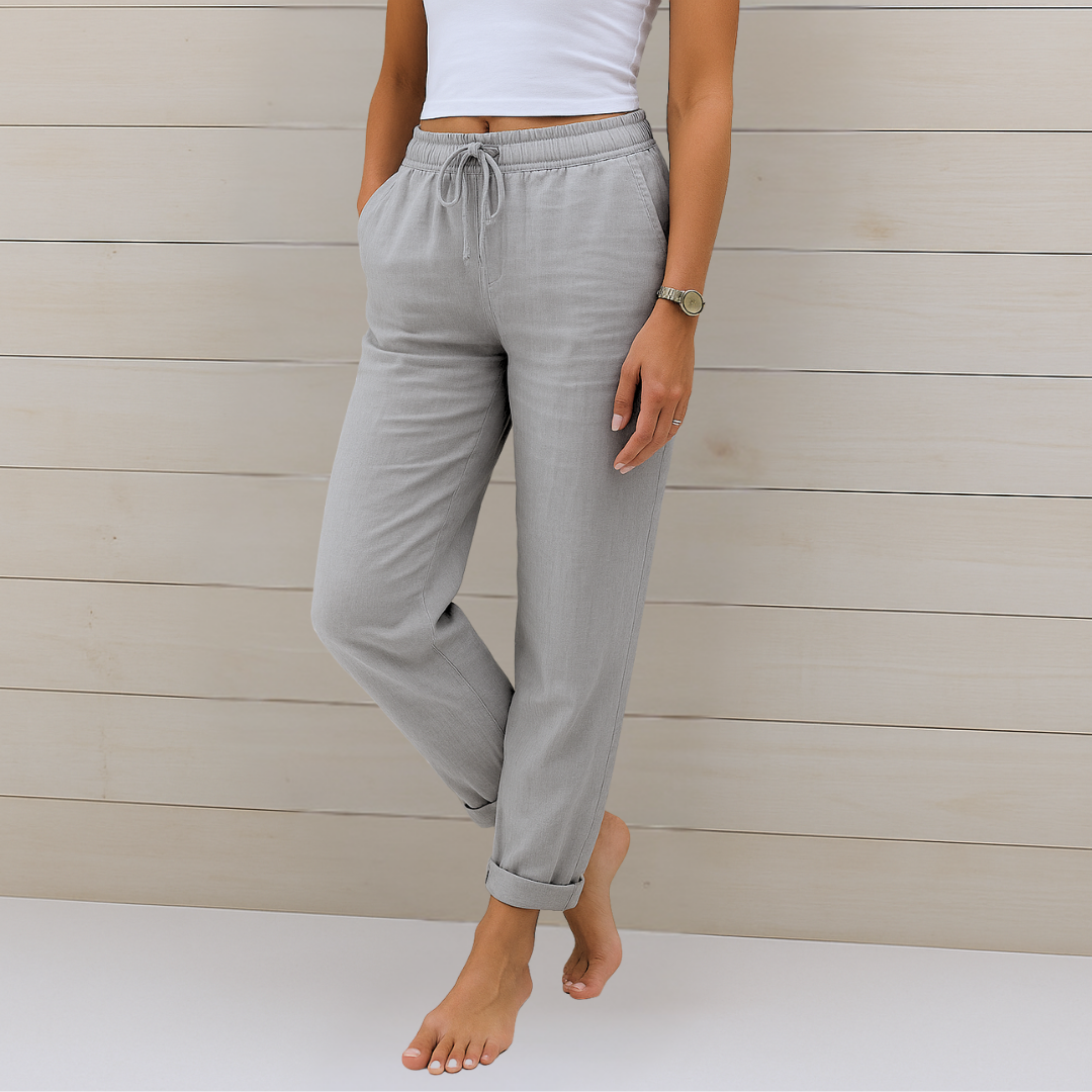Maylora - Pantalon femme à cordon en lin coupe relax