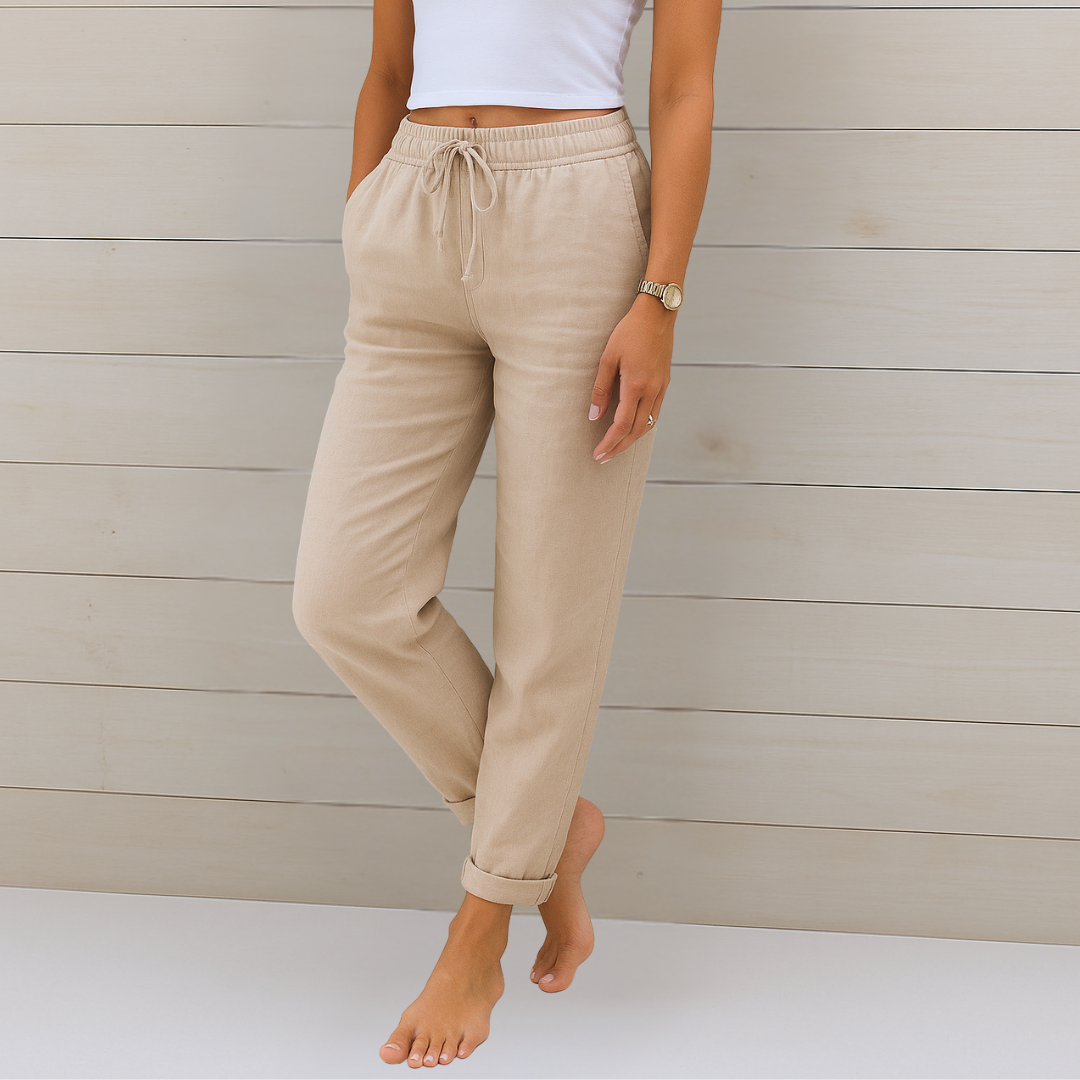 Maylora - Pantalon femme à cordon en lin coupe relax