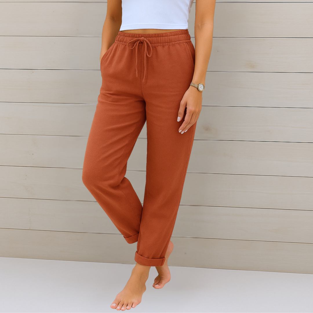 Maylora - Pantalon femme à cordon en lin coupe relax
