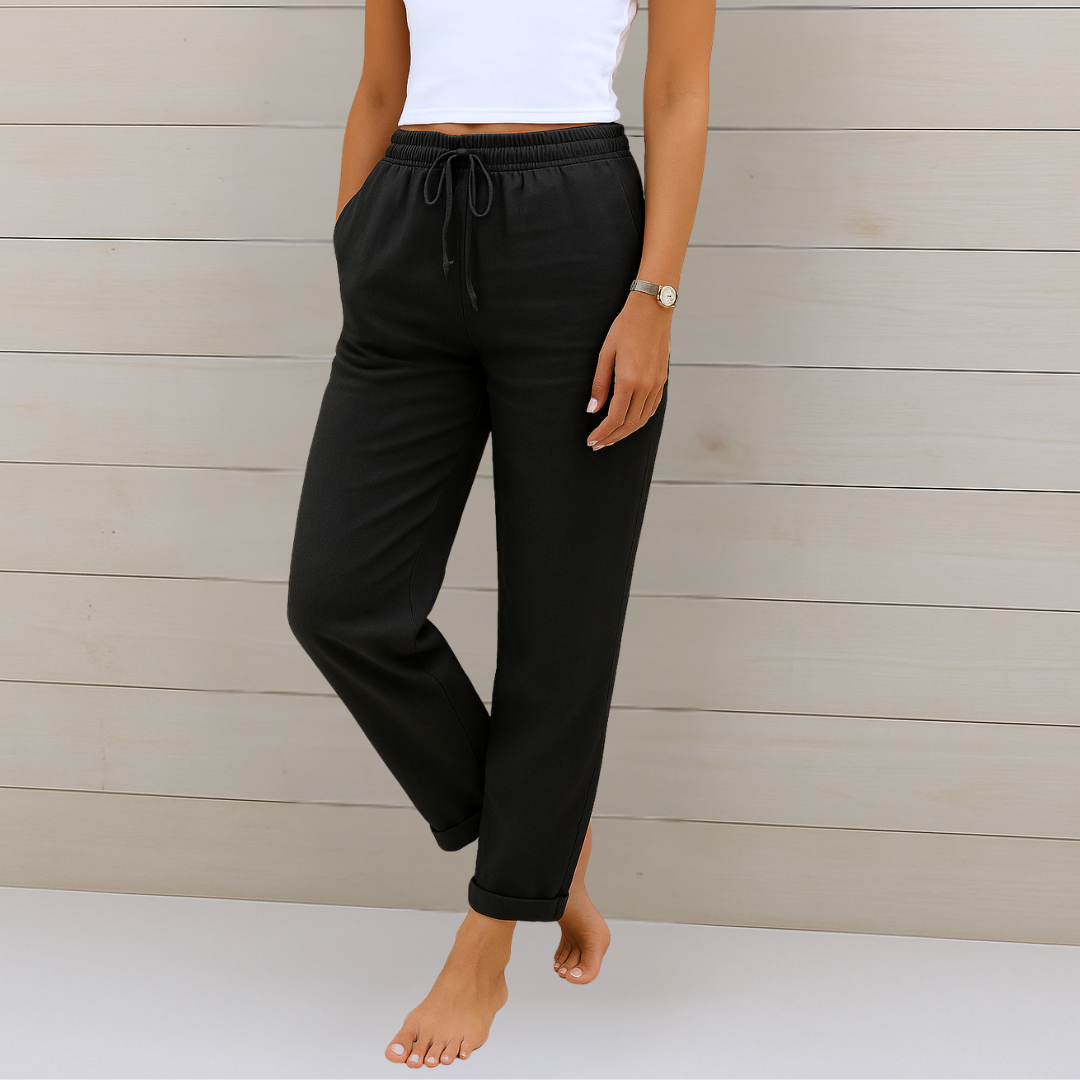 Maylora - Pantalon femme à cordon en lin coupe relax