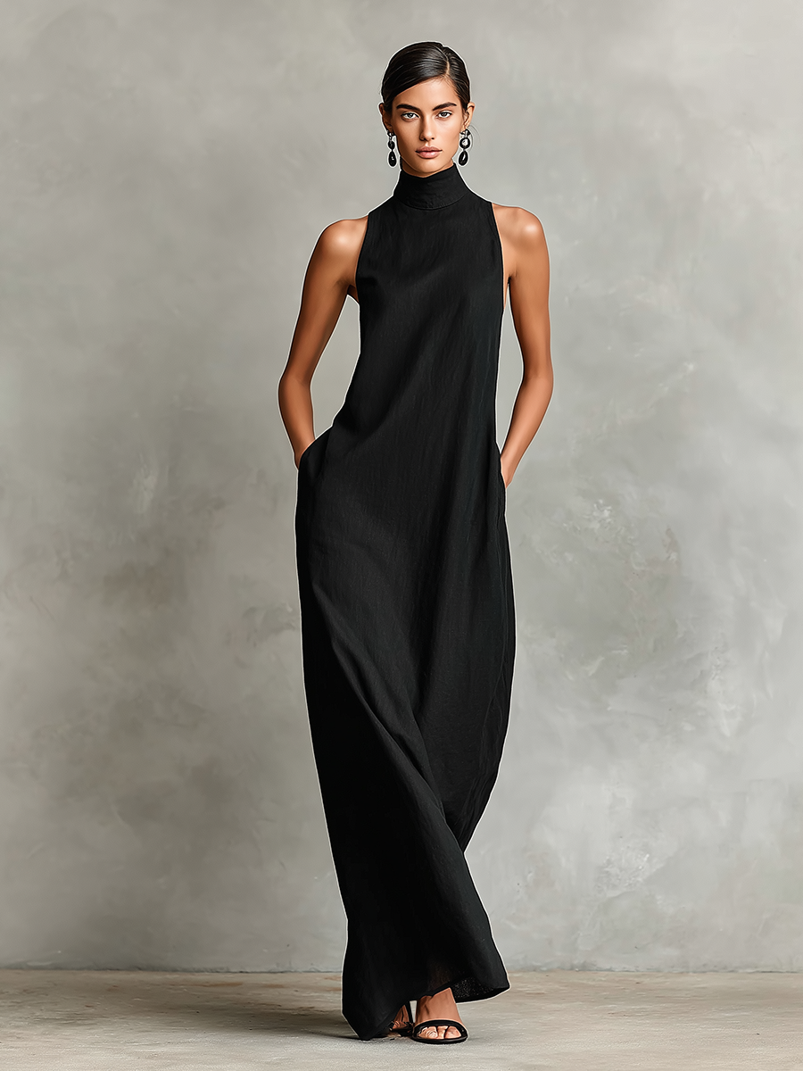 Robe Longue Femme Col Montant Bleu - vue 1