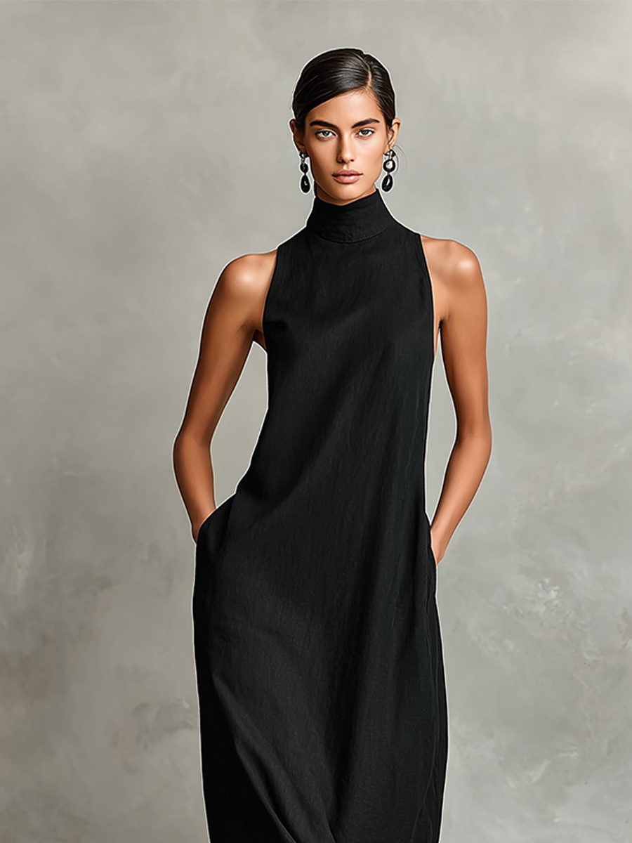 Robe Longue Femme Col Montant Bleu - vue 2