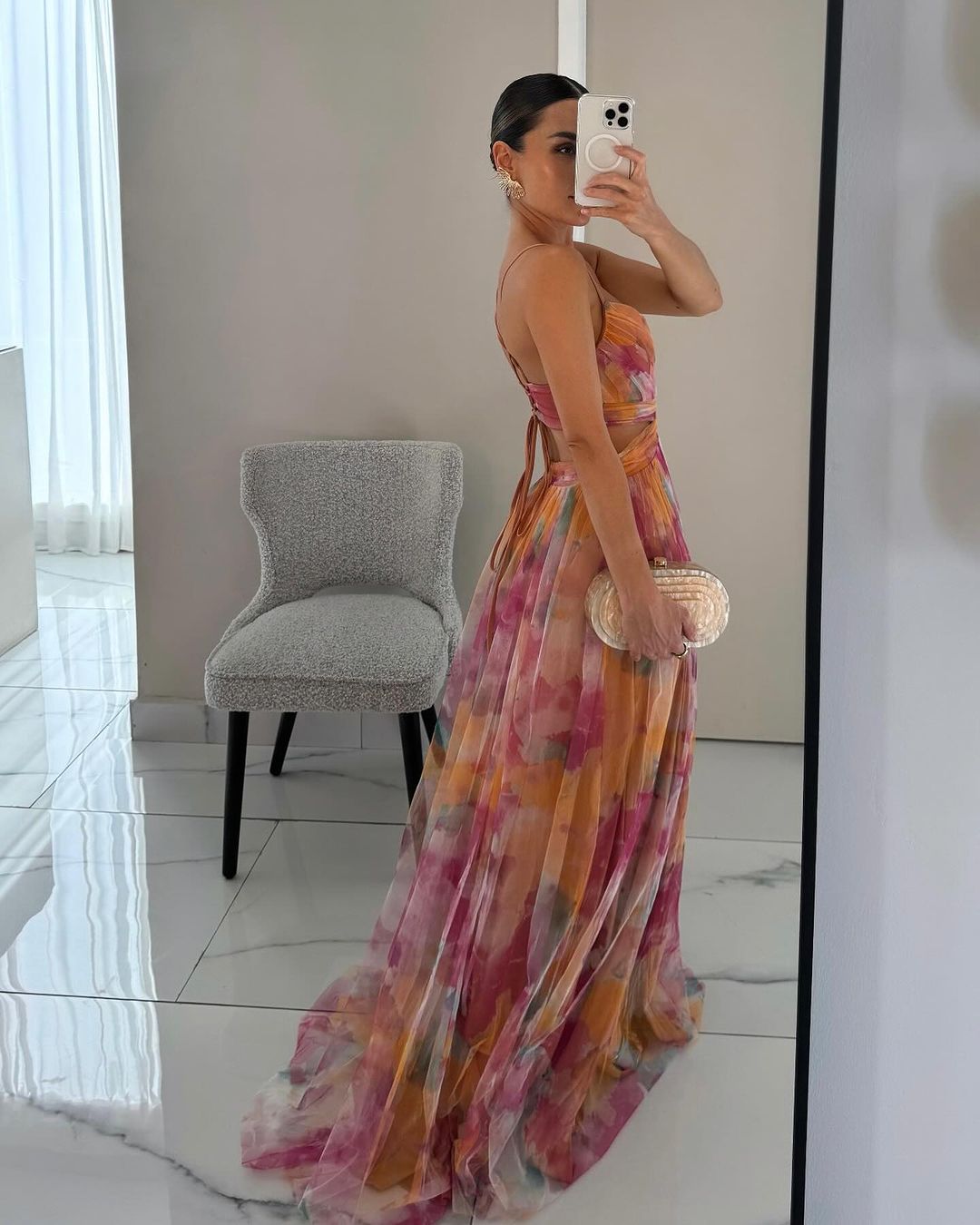 Robe Longue Femme en Mesh Floral Jaune - vue 3