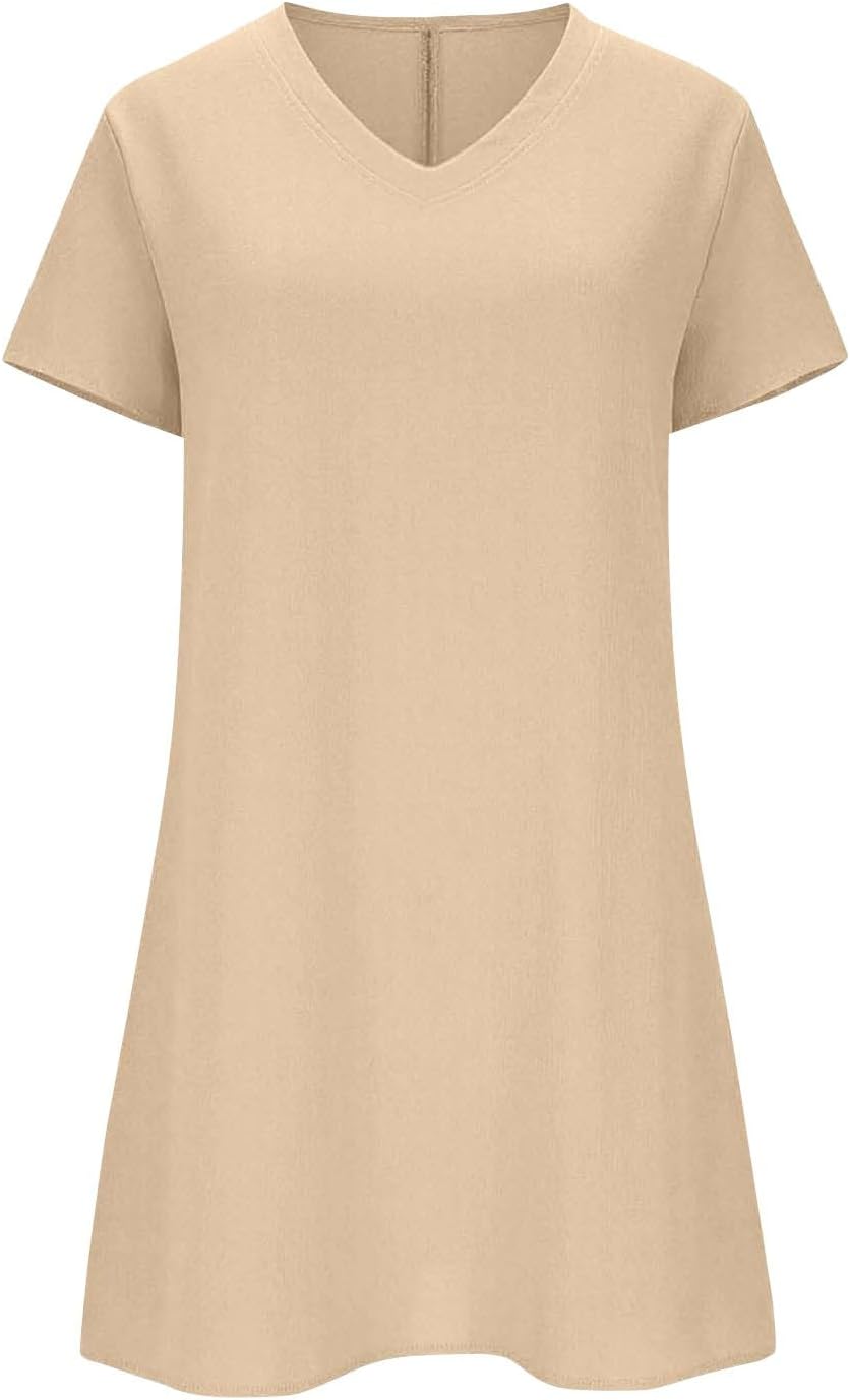 Clara Robe Femme – Robe T-Shirt Lin Mini Col Rond Manches Courtes Coupe Fluide Été