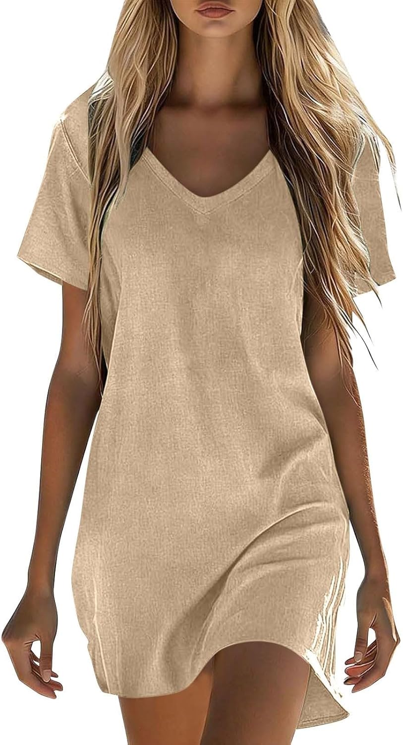 Clara Robe Femme – Robe T-Shirt Lin Mini Col Rond Manches Courtes Coupe Fluide Été