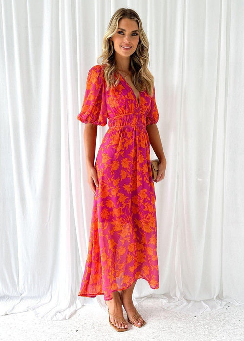 Amelia | Robe midi fleurie à col en V pour femme avec manches bouffantes