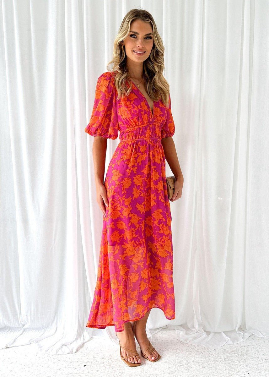 Amelia | Robe midi fleurie à col en V pour femme avec manches bouffantes